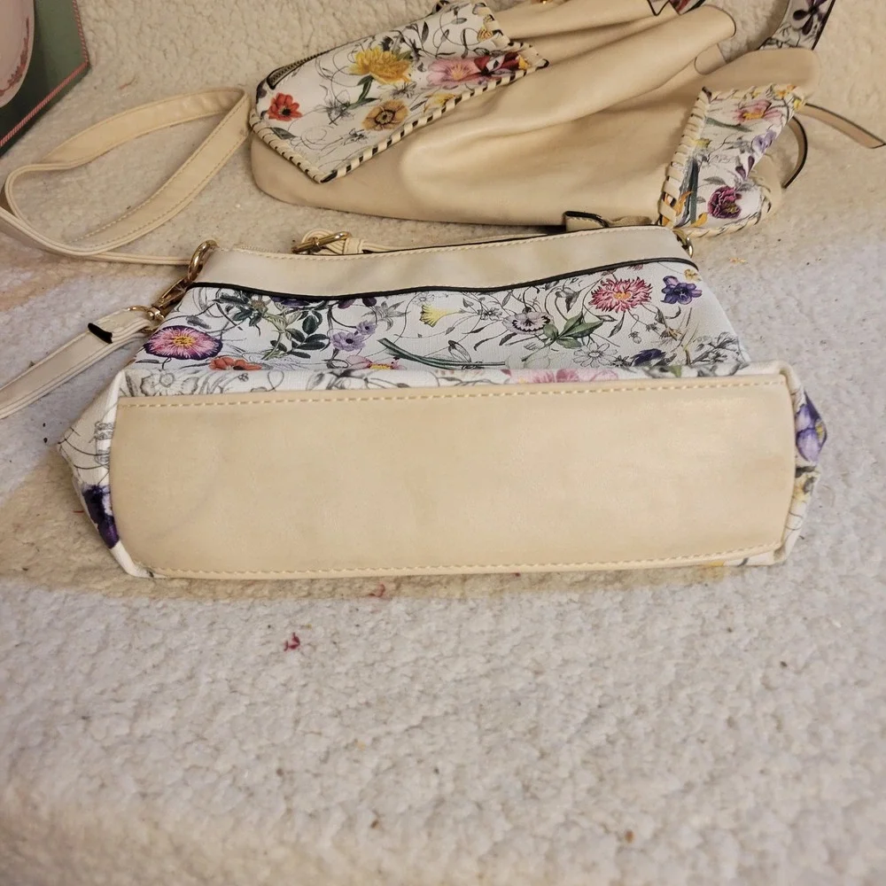 Cream Floral Hobo Bag and Crossbody Set Gold Hardware Botanical Print 2pc